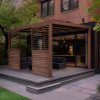 Wood Effect Aluminium Pergola With LED Lights & 2 x Side Panels - 4m x 3m