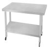 Catering Work Bench Table Stainless Steel Food Prep Kitchen Mobile 4 x Castor Wheels With 2 Brakes & 4 Adaptable Feet Adjustable Lower Shelf 3 Positions 160kg Load Capacity 76cm x 90cm x 86cm