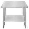 Catering Work Bench Table Stainless Steel Food Prep Kitchen Mobile 4 x Castor Wheels With 2 Brakes & 4 Adaptable Feet Adjustable Lower Shelf 3 Positions 160kg Load Capacity 76cm x 90cm x 86cm