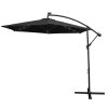 Black LED Cantilever Parasol 3m Banana Hanging Umbrella Garden Sun Shade Canopy Patio Outdoor 360 Rotation Tilt UV Protection Winding Crank 24 Solar Powered Cool White LED Lights Waterproof Rain Cover