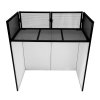 DJ Disco Booth Stand Mixer Shelf Foldable Portable Screen Table Powder Coated Steel Interchangeable Stretch Cloth Panels 1 x Black & 2 x White Cloths Carry Storage Bag Secure Handle Lock Complete Set