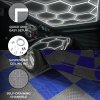 Vented Modular Interlocking Flooring Tiles 60 Grey & 60 Blue With Edges & Hexagon LED Lighting 14 White Lights & Border 6500K 3 Mount Options & Suspended Ceiling Kit Single Garage Floor Mat 3.2m x 6m