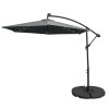 Grey LED Cantilever Parasol 3m Banana Hanging Umbrella Garden Sun Shade Canopy Patio 360 Rotation Tilt UV Protection Winding Crank 24 Solar Powered Cool White LED Lights Waterproof Rain Cover & Base