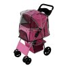 Pet Stroller Pushchair Pink Carrier Foldable Trolley Travel Cart 15kg Capacity 4 Wheels Brakes Cat Dog Safety Snap Hook Leash Cushion Canopy Mesh Windows Basket Cup Holders FREE Waterproof Rain Cover