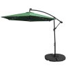 Green LED Cantilever Parasol 3m Banana Hanging Umbrella Garden Sun Shade Canopy Patio 360 Rotation Tilt UV Protection Winding Crank 24 Solar Powered Cool White LED Lights Waterproof Rain Cover & Base