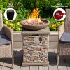 Gas Fire Pit Stone Home Outdoor Garden Patio Heater Burner Adjustable Flame Magnesium Oxide Furniture Smokeless Square Bowl Integrated Ignition Propane Lava Rocks Gas Regulator Hose Waterproof Cover