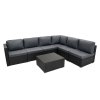 Rattan Garden Corner Furniture Set Outdoor Premium 7 PC Black 5 Seater Modular Sofa Chairs With Cushions Glass Top Coffee Table UV Protected Metal