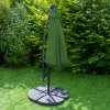 Green LED Cantilever Parasol 3m Banana Hanging Umbrella Garden Sun Shade Canopy Patio 360 Rotation Tilt UV Protection Winding Crank 24 Solar Powered Cool White LED Lights Waterproof Rain Cover & Base