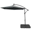 LED Cantilever Parasol 3m Grey Banana Hanging Umbrella Garden Sun Shade Canopy Patio 360 Rotation Tilt UV Protection Winding Crank 24 Solar Powered Cool White Lights FREE Rain Cover & Square Base