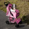 Pet Stroller Pushchair Pink Carrier Foldable Trolley Travel Cart 15kg Capacity 4 Wheels Brakes Cat Dog Safety Snap Hook Leash Cushion Canopy Mesh Windows Basket Cup Holders FREE Waterproof Rain Cover