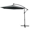 Grey LED Cantilever Parasol 3m Banana Hanging Umbrella Garden Sun Shade Canopy Patio Outdoor 360 Rotation Tilt UV Protection Winding Crank 24 Solar Powered Cool White LED Lights Waterproof Rain Cover