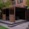 Wood Effect Aluminium Pergola With Blinds, 2 x Side Panels & LED Lights - 4m x 3m