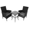 Black Rattan Bistro Set Garden Furniture 3 PCs Patio Weave Companion Outdoor Chairs Table Glass Top Set Conservatory Balcony 2 Seater Grey Cushions Washable Covers UV Protection | FREE Rain Cover