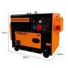 Silent Diesel Generator Three Phase ATS 6.5kVA 6500W 13HP 230V \ 400V Electric Start Closed Frame Emergency Power 4 Portable Wheels Black Powder Coated Steel 20L Fuel Capacity Tool Kit & Funnel