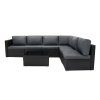 Rattan Garden Corner Furniture Set Outdoor Premium 7 PC Black 5 Seater Modular Sofa Chairs With Cushions Glass Top Coffee Table UV Protected Metal