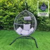 Swing Hanging Egg Chair Rattan Bench Garden Patio Outdoor Indoor Furniture Hammock Basket Seat Grey | with Cushions, Waterproof Cover and Stand