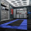 Vented Modular Interlocking Flooring Tiles 165 Black & 60 Blue With Edges & Hexagon LED Lighting 28 White Lights & Border 6500K 3 Mount Options & Suspended Ceiling Kit Single Garage Floor Mat 6m x 6m