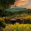 Green LED Cantilever Parasol 3m Banana Hanging Umbrella Garden Sun Shade Canopy Patio Outdoor 360 Rotation Tilt UV Protection Winding Crank 24 Solar Powered Cool White LED Lights Waterproof Rain Cover