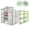 Greenhouse Polycarbonate, Clear, Aluminium Frame, With 2 x Water-resistant Racks, Silver, Growhouse with Window & Sliding Door 6ft x 4ft