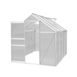 Greenhouse 6 x 8ft Aluminium Polycarbonate Steel Silver Weather Resistant Frame Support Bars Interchangeable Sliding Door 2 Roof Window Vents Walk In Gutter FREE W Clips