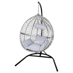 Swing Hanging Egg Chair Rattan Bench Garden Patio Outdoor Indoor Furniture Hammock Basket Seat Grey | with Cushions, Waterproof Cover and Stand