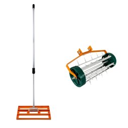 Lawn Leveller & Aerator Manual Grass Roller 3.8cm Spikes 50cm x 32cm Orange Levelling Rake Lute Removable Dual Purpose Extendable Handle 1.15 - 1.9m Easy Grip Heavy Duty Steel Aluminium Garden Tool