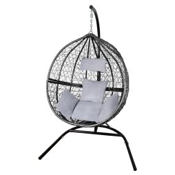 Swing Hanging Egg Chair Rattan Bench Garden Patio Outdoor Indoor Furniture Hammock Basket Seat Black | with Cushions, Waterproof Cover and Stand