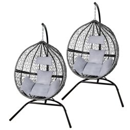 Swing Hanging Egg Chair Rattan Bench Garden Patio Outdoor Indoor Furniture Hammock Basket Seat Black | with Cushions, Waterproof Cover and Stand