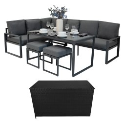 Aluminium Corner Sofa Set With Black Rattan Storage Box - Anthracite Grey