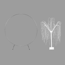 Wedding Moongate Silver Arch 2m/ 200cm  & Weeping Willow Light Up Tree Warm White LED Metal Flat Base Arbour Background Decor Flower Balloon Circle Hoop Frame Outdoor Backdrop  Decoration Prop