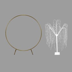 Wedding Moongate Gold Arch 2m/ 200cm  & Weeping Willow Light Up Tree Warm White LED Metal Flat Base Arbour Background Decor Flower Balloon Circle Hoop Frame Outdoor Backdrop  Decoration Prop