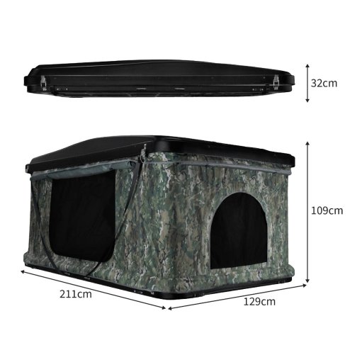 Car Roof Top Tent Camouflage Large Hard Shell Box Gas Assisted Pop Up Bunk 2-3 Person 3000mm Waterproof Camping Telescopic Ladder 5.5cm Mattress Boot Bags Anti Condensation FREE Storage Net & Torch
