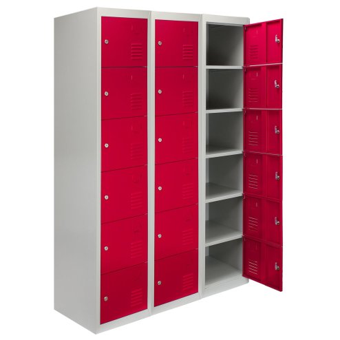 MonsterShop 3 x Metal Lockers, 6 Doors Storage, Red & Grey Metal Lockable Unit Staff School Gym Changing Room