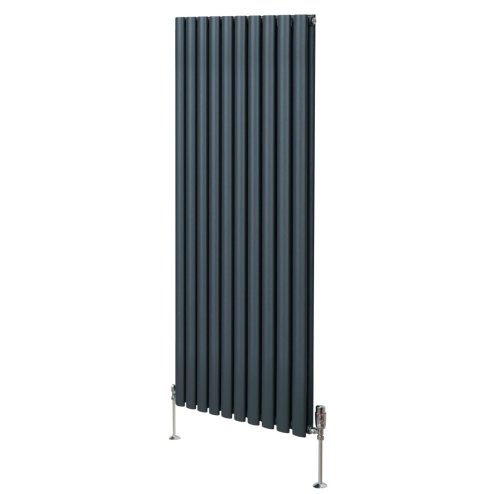Oval Column Radiator 1600mm x 600mm & TRV Chrome Valves Modern Designer Double Panel Central Heating Heater Anthracite Grey Steel Vertical Kitchen Living Room FREE Cleaning Brush Fixing Kit & Brackets