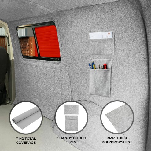 Camper Van Lining & 2 x Storage Pouches Silver Grey Carpet 4 Way Stretch 2m Wide 11m2 Coverage Car Motorhome Vehicle Interior Campervan Conversion 2 Size Tool Paperwork Document