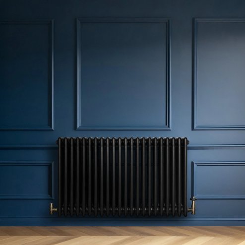Traditional 4 Column Radiator & Valves - 600 x 1010mm - Black