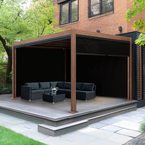 Wood Effect Aluminium Pergola With Blinds - 3m x 3m