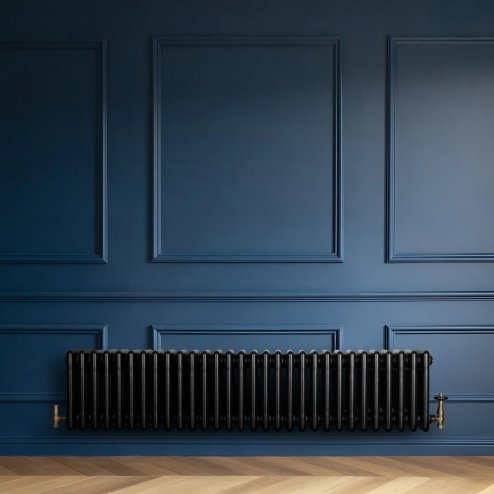 Traditional 4 Column Radiator & Valves - 300 x 1370mm - Black