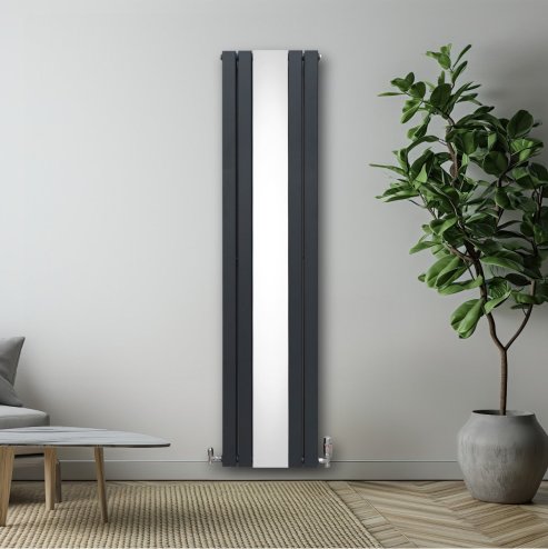 Flat Panel Radiator With Mirror 1800mm x 425mm & TRV Chrome Valves Designer Double Column Vertical Anthracite Grey Carbon Steel Wall Mounted Kitchen Living Room Cleaning Brush Fixing Kit & Brackets