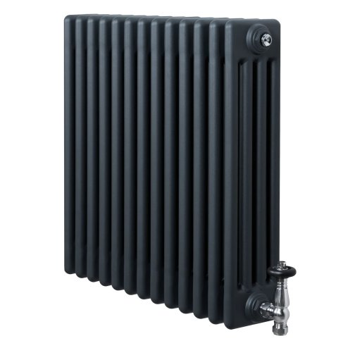 Traditional 4 Column Radiator & Valves - 600 x 605mm - Anthracite Grey