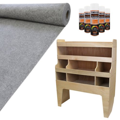 Camper Van Lining Carpet 11m2 Smoke Grey 4 Way Super Stretch & VW Transporter Van Racking Plywood Tool Storage Utility Ply Toolbox Transporter Shelves Rack Unit Motorhome 5 x Adhesive Glue Cans Kit