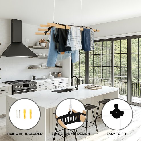 Clothes Airer Ceiling Pulley 6 Lath 0.9m Black Maid Traditional Mounted Clothing Dryer Victorian Clothes Horse Laundry Drying Rack Extendable Cast Iron Varnished Pine Kitchen Utility FREE Fixing Kit