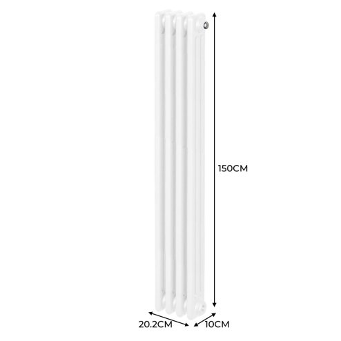 Traditional 3 Column Radiator 1500mm x 202mm Modern Central Heating Heater Gloss White Carbon Steel Vertical Wall Mounted Kitchen Living Room Bathroom Cleaning Brush Fixing Kit & Brackets
