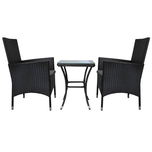 Black Rattan Bistro Set Garden Furniture 3 PCs Patio Weave Companion Outdoor Chairs Table Glass Top Set Conservatory Balcony 2 Seater Grey Cushions Washable Covers UV Protection | FREE Rain Cover