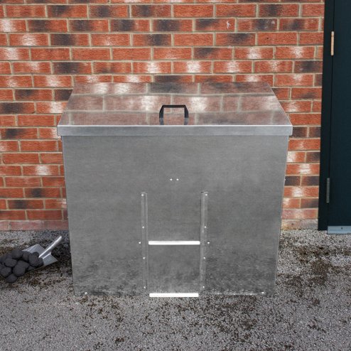 Coal Storage Bunker 500kg 772L Galvanised Steel Raised Metal Base Strengthening Bar Baffle Plate Waterproof Rust & Rodent Proof Wood Fire Sliding Door Hinged Lid Handle FREE Coal Shovel