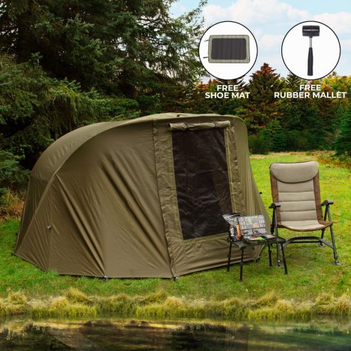 2 Man Fishing Bivvy Tent with Overwrap Carp Fishing Dome Overnight Shelter Angler Camping Waterproof Tackle Brolly System Pram Hood PVC Window FREE Neoprene & PVC Shoe Mat Carry Bag & Mallet Included