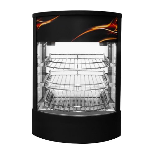 Food Warmer Cabinet Countertop Heated Glass Display Commercial Hot Food Pizza Pie Showcase Unit Black Steel Electric 30 - 85C Temperature Control Switch Internal Light 3 Tier Wire Shelving FREE Tongs