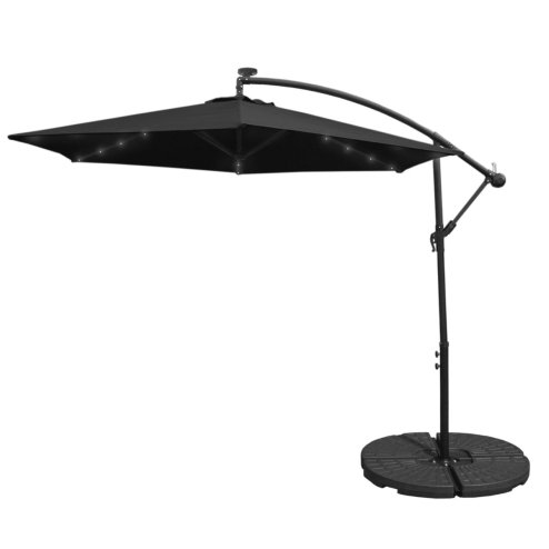Black LED Cantilever Parasol 3m Banana Hanging Umbrella Garden Sun Shade Canopy Patio 360 Rotation Tilt UV Protection Winding Crank 24 Solar Powered Cool White LED Lights Waterproof Rain Cover & Base