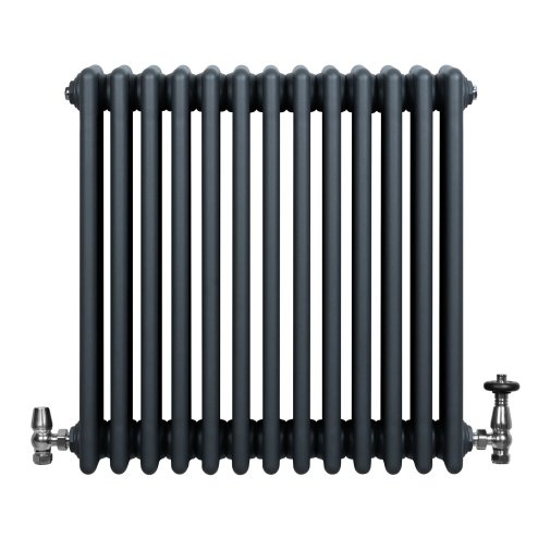 Traditional 4 Column Radiator & Valves - 600 x 605mm - Anthracite Grey