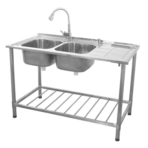 Catering Sink Stainless Steel Kitchen Commercial Restaurant Double Bowl Storage Shelf Unit & Tap  / Right Hand Drainer